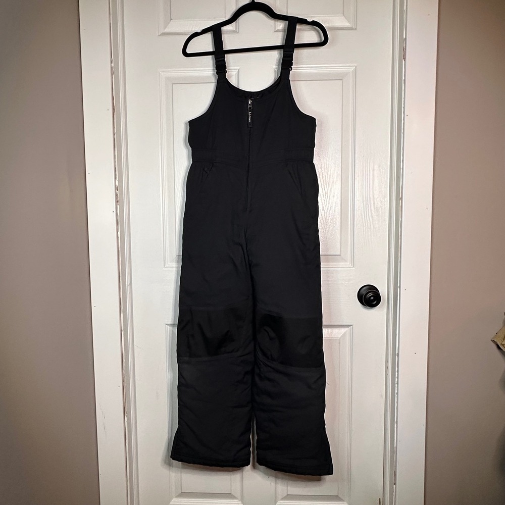 LL Bean Kids Black Insulated Snow Bibs Overalls‎ Ski Pants Sz 12 Reinforced Knee